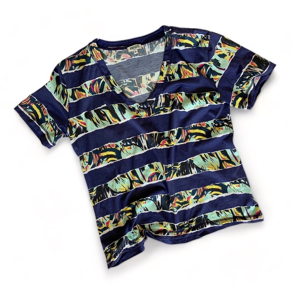 Y2K VTG Kenzo Paris Graphic Striped Cotton T-Shirt XL 90s Abstract Floral Navy
